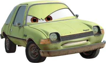 a green car with an angry face on it