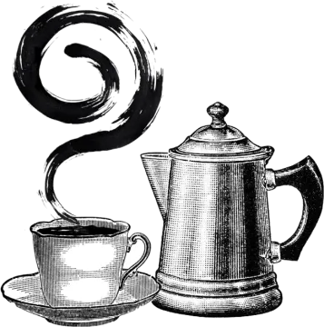 a coffee pot and a cup of coffee