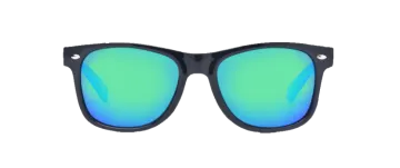 a pair of black sunglasses with green mirrored lenses