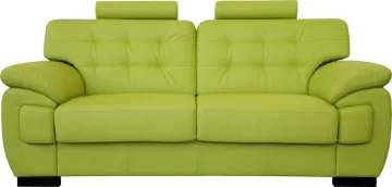 a green leather couch with black legs