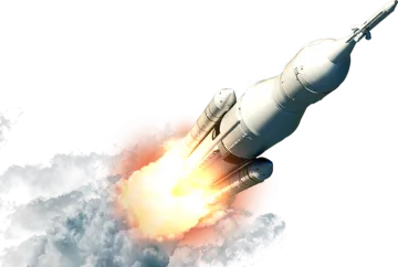 a rocket is flying through the clouds