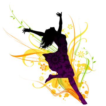 a woman dancing with flowers and swirls