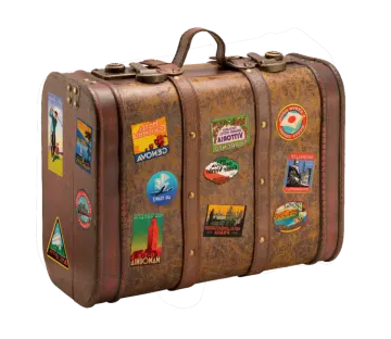 an old suitcase with stickers on it