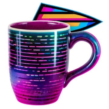 a purple and blue mug sitting on top of a white surface
