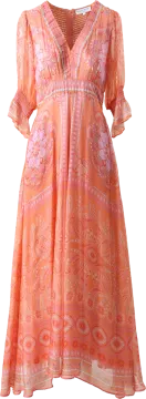 a women's dress in an orange paisley print