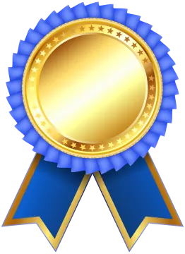 a gold medal with blue ribbon and stars