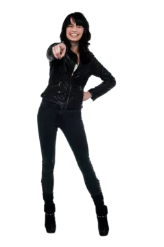 a woman in black leather jacket and jeans