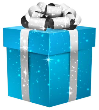 a blue gift box with a white ribbon and bow