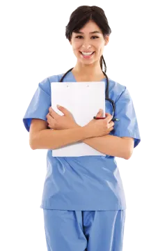 a woman in scrubs holding a clipboard