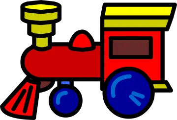a red toy train with blue wheels