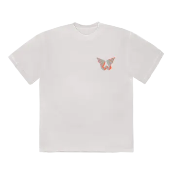 a white t - shirt with an orange and grey logo on the front