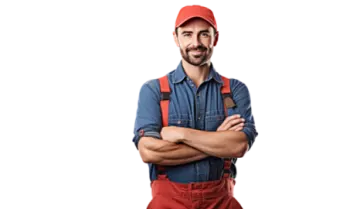 a man wearing overalls and a red hat with his arms crossed
