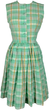 a green plaid dress with orange and white stripes