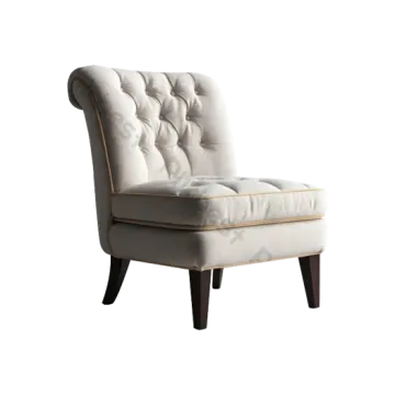 a white chair with a buttoned back and wooden legs