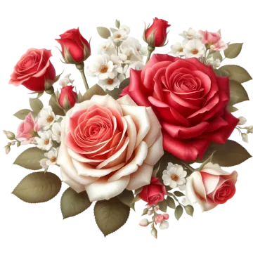 a bouquet of red roses and white flowers