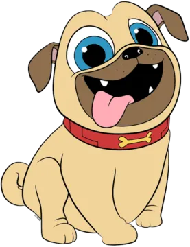 a cartoon dog with blue eyes and a red collar