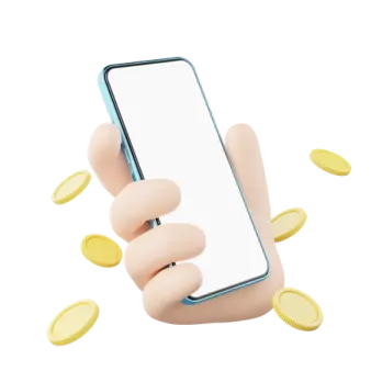 a hand holding a phone with coins coming out of it