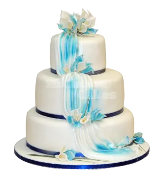 a three tiered cake with blue and white flowers