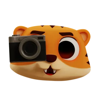 a cartoon tiger with a camera in its mouth