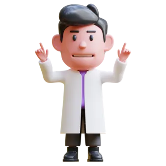 a man in a lab coat with his hands up
