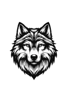 the head of a wolf in black and white