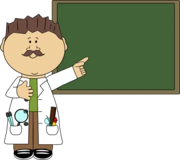 a cartoon scientist pointing at a blackboard