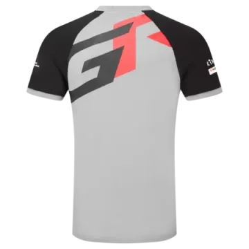 a grey and black t - shirt with red logo on the chest