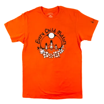 an orange t - shirt with a black and white logo on the front