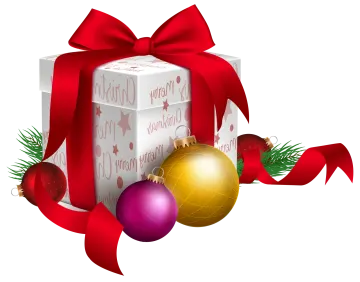 a christmas present box with red ribbon and ornaments