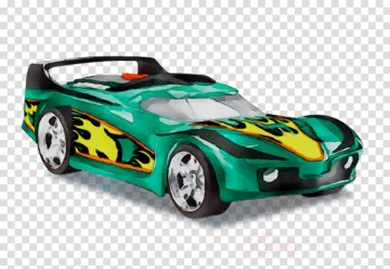 a green toy car with flames on it