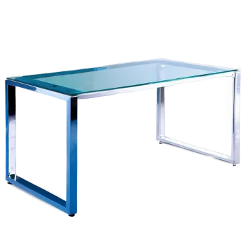 a blue glass desk with chrome legs