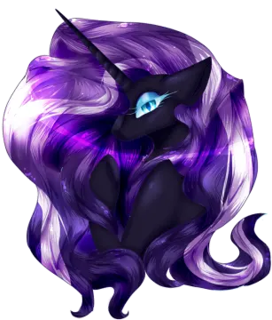 a black cat with purple hair and blue eyes