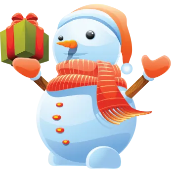 a cartoon snowman holding a gift box
