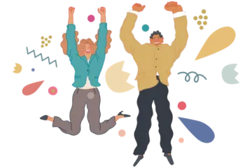 two people jumping in the air with their hands up