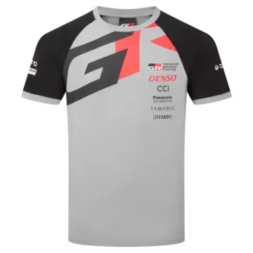 a grey t - shirt with black and red detailing