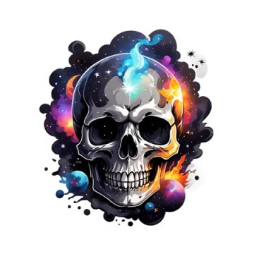 a skull with colorful smoke and stars in the background