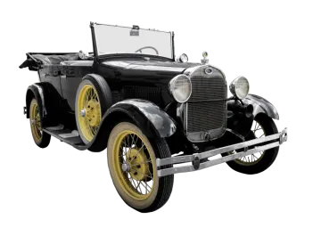 an old black and yellow car on a white background