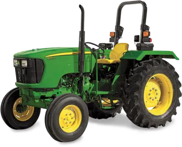 a green tractor with yellow wheels