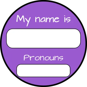 a purple circle with the words my name is pronouns