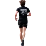 a man in a black shirt and shorts running