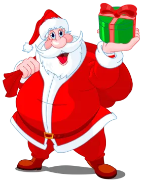 a cartoon santa holding a present box