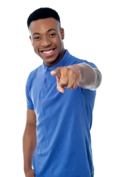 a man in a blue shirt pointing at the camera