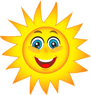 a smiling sun with blue eyes