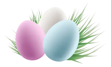 three colored easter eggs with green leaves