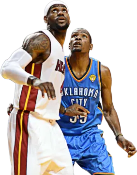 two basketball players are fighting for the ball