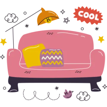 an illustration of a couch with pillows and toys