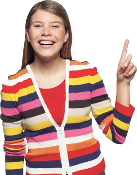 a young girl wearing a colorful striped cardigan