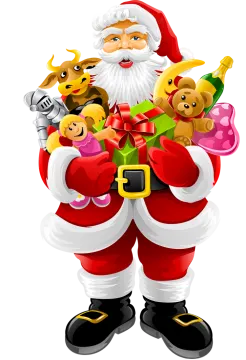 a santa claus holding a bunch of toys