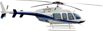 a white and blue helicopter flying in the sky