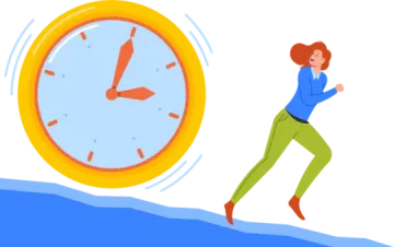 a woman running away from a clock